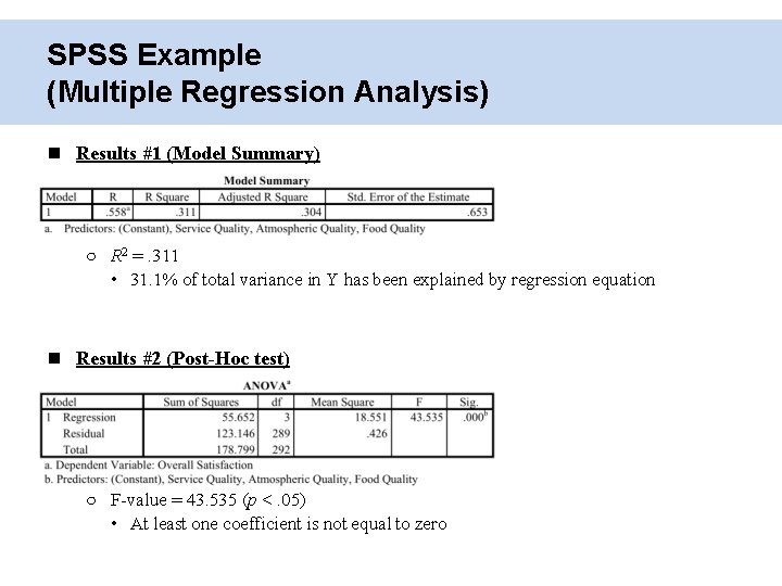 SPSS Example (Multiple Regression Analysis) Results #1 (Model Summary) ○ R 2 =. 311