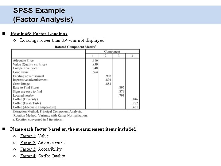 SPSS Example (Factor Analysis) Result #3: Factor Loadings ○ Loadings lower than 0. 4