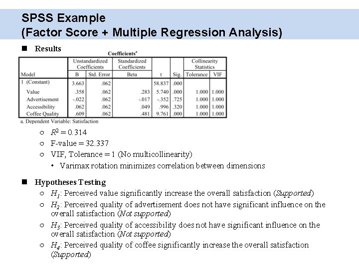 SPSS Example (Factor Score + Multiple Regression Analysis) Results ○ R 2 = 0.