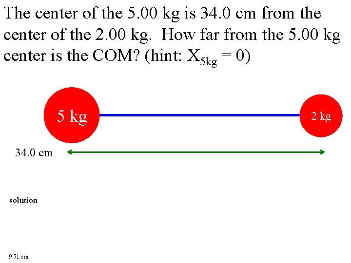 The center of the 5. 00 kg is 34. 0 cm from the center