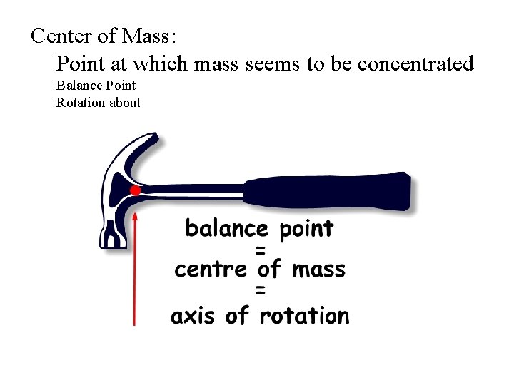 Center of Mass: Point at which mass seems to be concentrated Balance Point Rotation