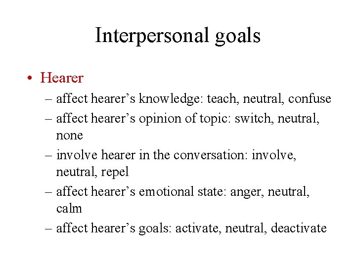 Interpersonal goals • Hearer – affect hearer’s knowledge: teach, neutral, confuse – affect hearer’s