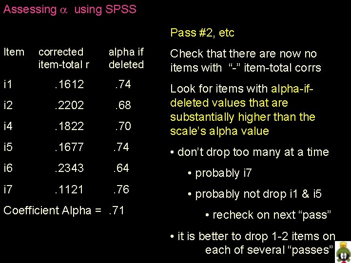 Assessing using SPSS Pass #2, etc Item corrected item-total r alpha if deleted Check