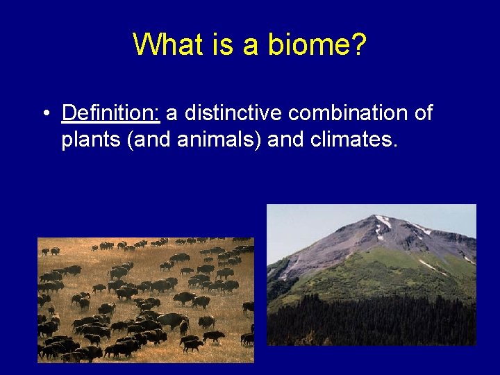 What is a biome? • Definition: a distinctive combination of plants (and animals) and