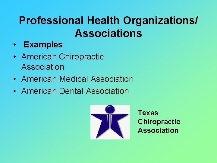 Professional Health Organizations/ Associations • Examples • American Chiropractic Association • American Medical Association