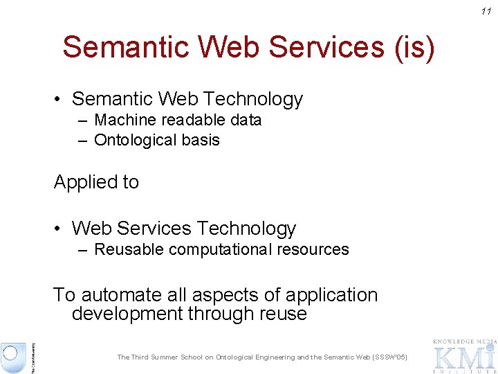 11 Semantic Web Services (is) • Semantic Web Technology – Machine readable data –