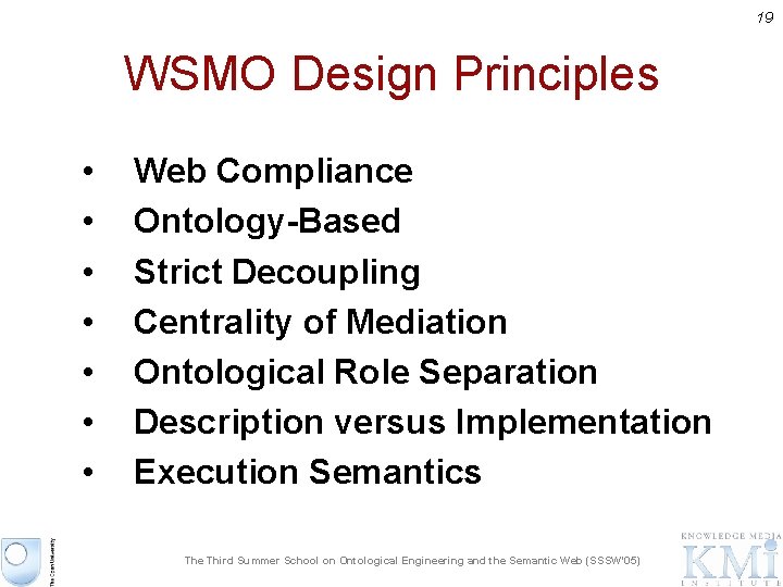 19 WSMO Design Principles • • Web Compliance Ontology-Based Strict Decoupling Centrality of Mediation
