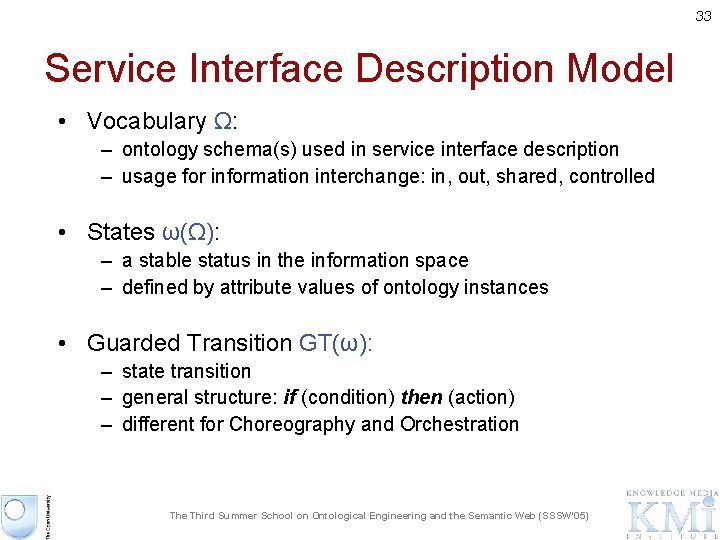 33 Service Interface Description Model • Vocabulary Ω: – ontology schema(s) used in service