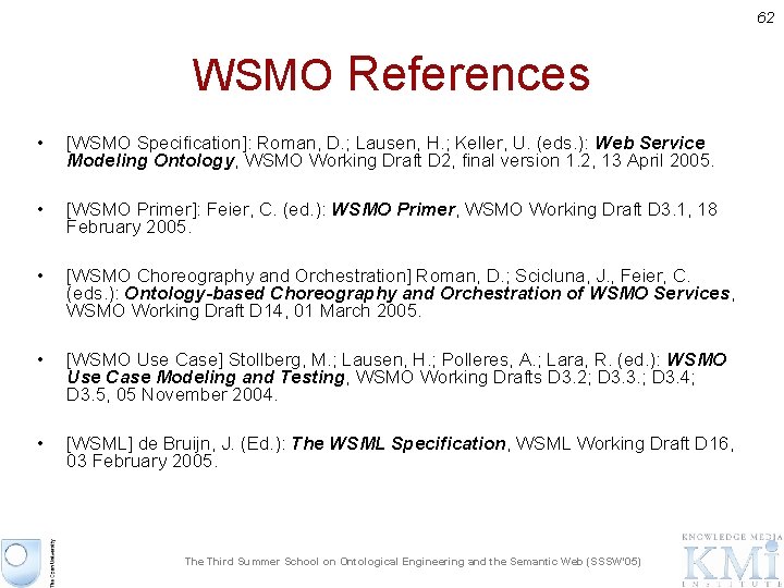 62 WSMO References • [WSMO Specification]: Roman, D. ; Lausen, H. ; Keller, U.
