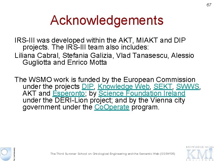 67 Acknowledgements IRS-III was developed within the AKT, MIAKT and DIP projects. The IRS-III