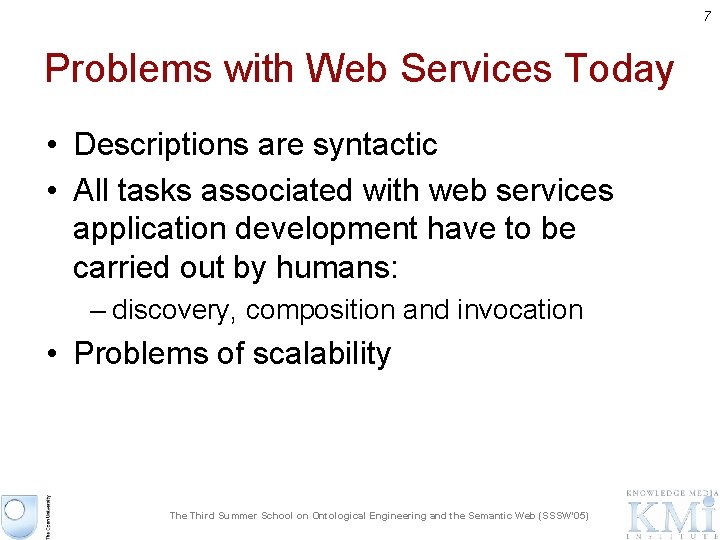 7 Problems with Web Services Today • Descriptions are syntactic • All tasks associated