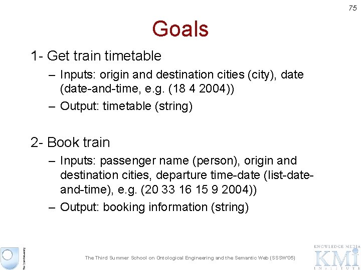 75 Goals 1 - Get train timetable – Inputs: origin and destination cities (city),