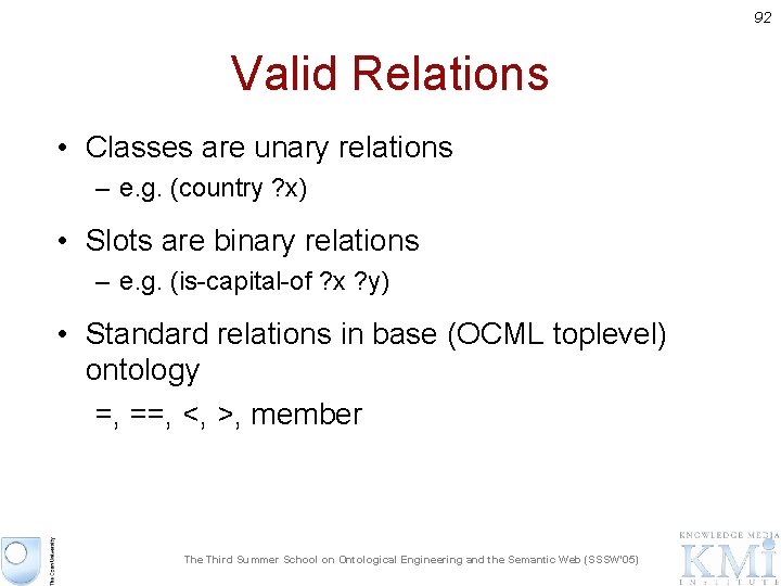 92 Valid Relations • Classes are unary relations – e. g. (country ? x)