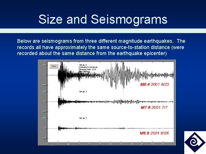 Size and Seismograms Below are seismograms from three different magnitude earthquakes. The records all