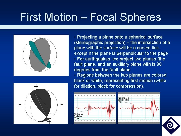 First Motion – Focal Spheres • Projecting a plane onto a spherical surface (stereographic