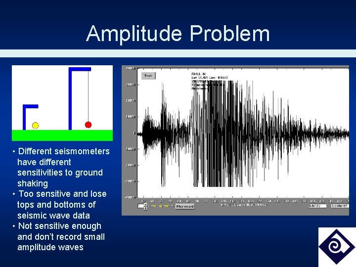 Amplitude Problem • Different seismometers have different sensitivities to ground shaking • Too sensitive