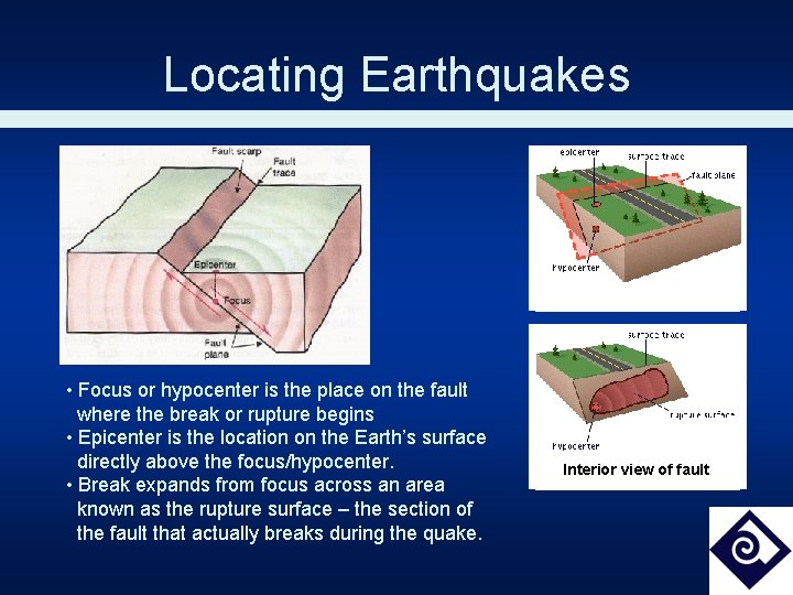 Locating Earthquakes • Focus or hypocenter is the place on the fault where the