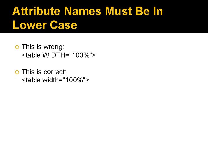 Attribute Names Must Be In Lower Case This is wrong: <table WIDTH="100%"> This is