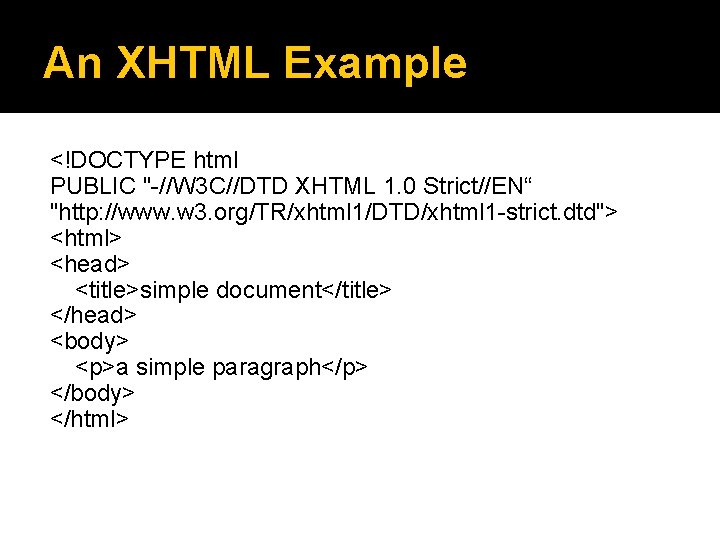 An XHTML Example <!DOCTYPE html PUBLIC "-//W 3 C//DTD XHTML 1. 0 Strict//EN“ "http: