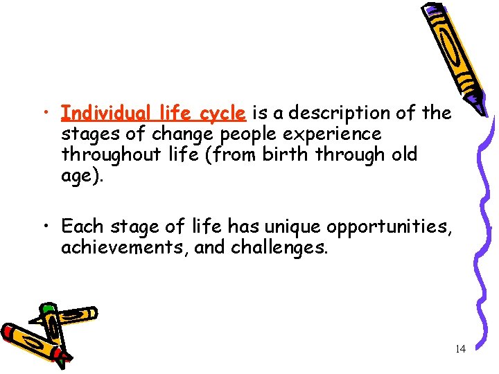  • Individual life cycle is a description of the stages of change people