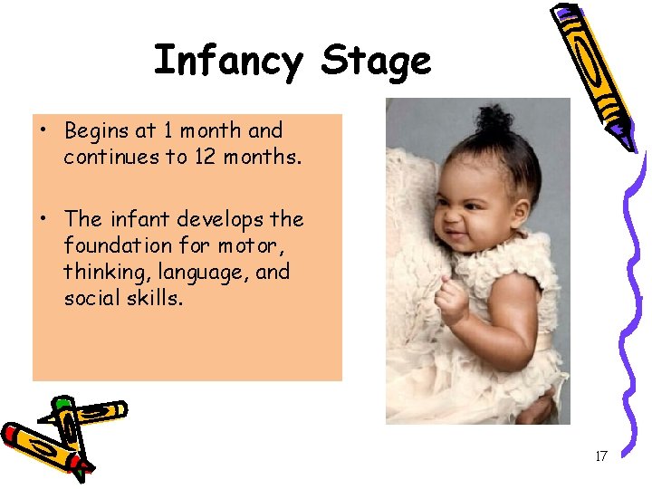 Infancy Stage • Begins at 1 month and continues to 12 months. • The