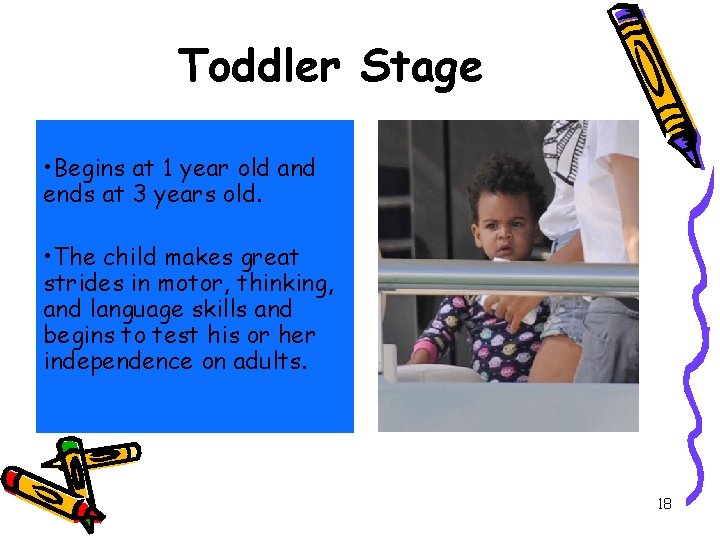 Toddler Stage • Begins at 1 year old and ends at 3 years old. Toddler Stage • Begins at 1 year old and ends at 3 years old.