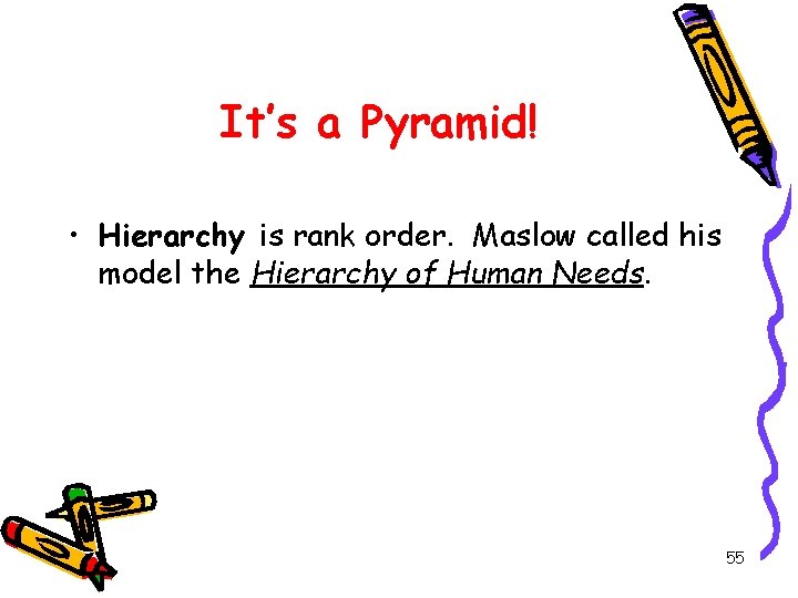 It’s a Pyramid! • Hierarchy is rank order. Maslow called his model the Hierarchy