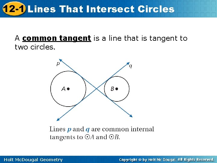 12 -1 Lines That Intersect Circles A common tangent is a line that is