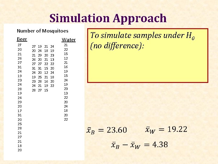 Simulation Approach Number of Mosquitoes Beer 27 27 19 21 24 20 20 24