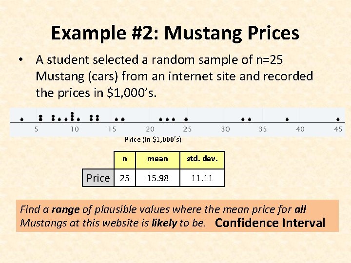 Example #2: Mustang Prices • A student selected a random sample of n=25 Mustang