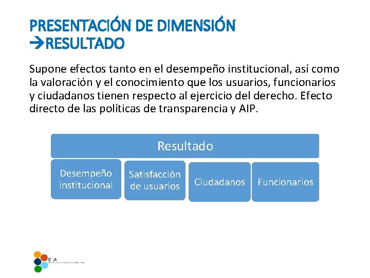 PRESENTACIÓN DE DIMENSIÓN RESULTADO Supone efectos tanto en el desempeño institucional, así como la