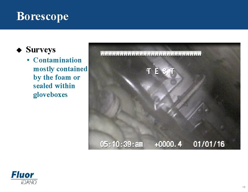 Borescope u Surveys • Contamination mostly contained by the foam or sealed within gloveboxes