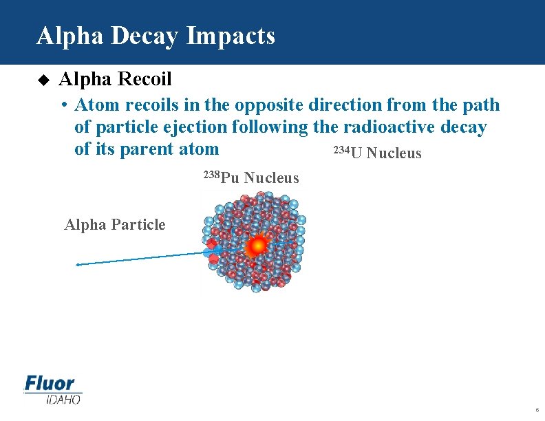 Alpha Decay Impacts u Alpha Recoil • Atom recoils in the opposite direction from