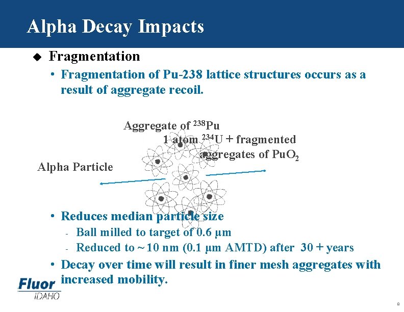 Alpha Decay Impacts u Fragmentation • Fragmentation of Pu-238 lattice structures occurs as a