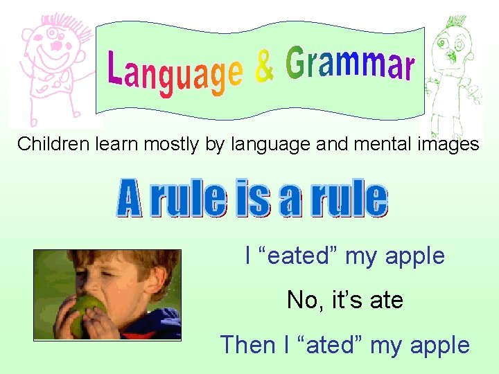 Children learn mostly by language and mental images I “eated” my apple No, it’s