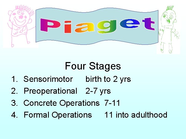 Four Stages 1. 2. 3. 4. Sensorimotor birth to 2 yrs Preoperational 2 -7