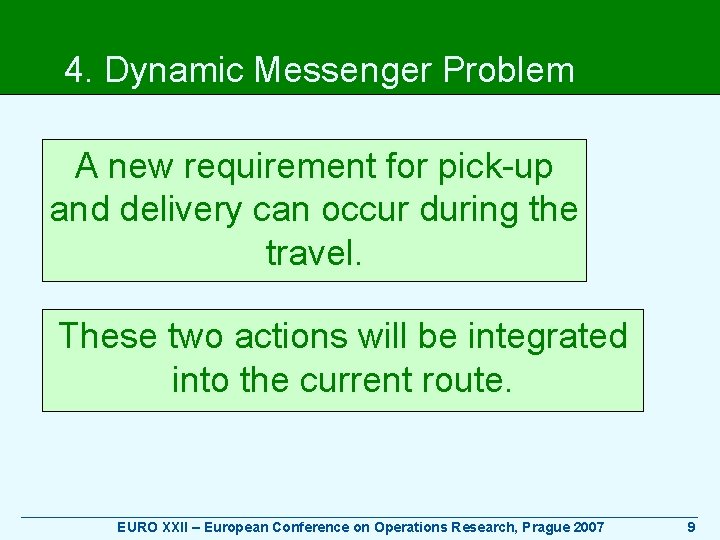 4. Dynamic Messenger Problem A new requirement for pick-up and delivery can occur during
