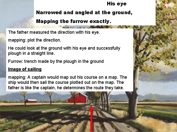 His eye Narrowed angled at the ground, Mapping the furrow exactly. The father measured