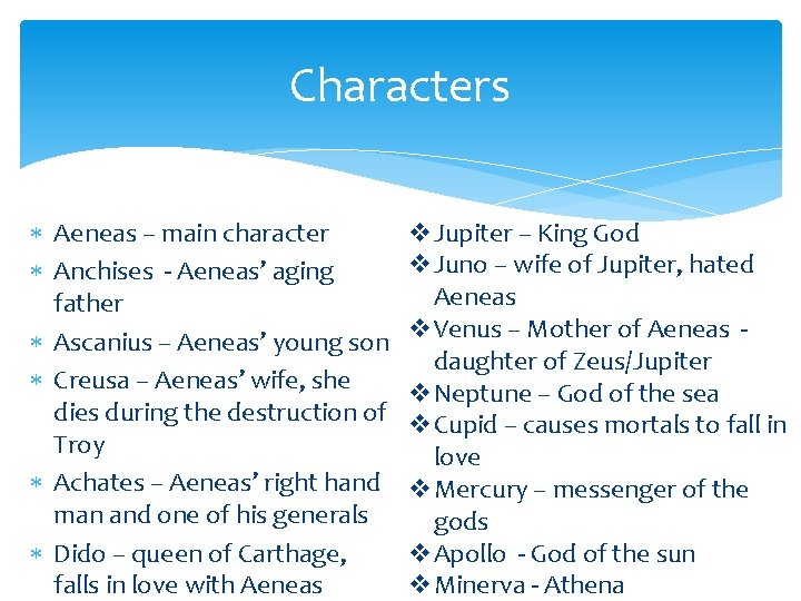 Characters Aeneas – main character Anchises - Aeneas’ aging father Ascanius – Aeneas’ young