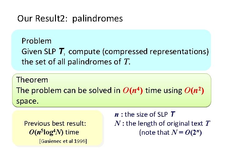 Our Result 2: palindromes Problem Given SLP T, compute (compressed representations) the set of