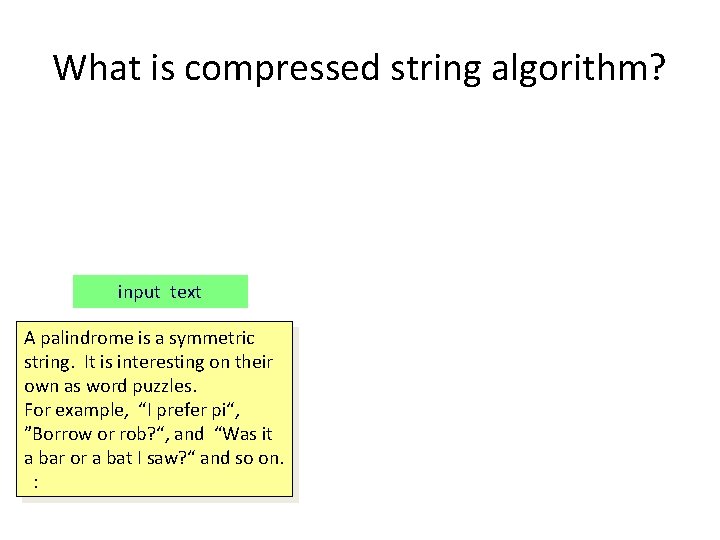What is compressed string algorithm? input text A palindrome is a symmetric string. It