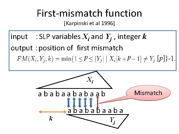 First-mismatch function [Karpinski et al 1996] input ：SLP variables Xi and Yj , integer