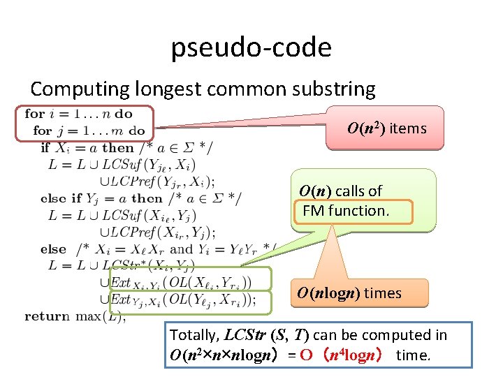 pseudo-code Computing longest common substring O(n 2) items O(n) calls of FM function. O(nlogn)
