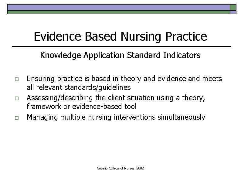 Evidence Based Nursing Practice Knowledge Application Standard Indicators o o o Ensuring practice is