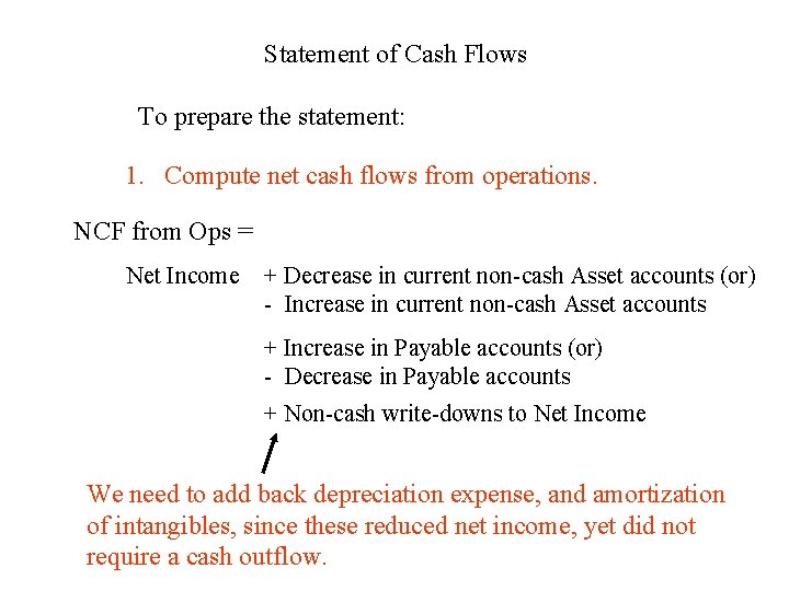 Statement of Cash Flows To prepare the statement: 1. Compute net cash flows from