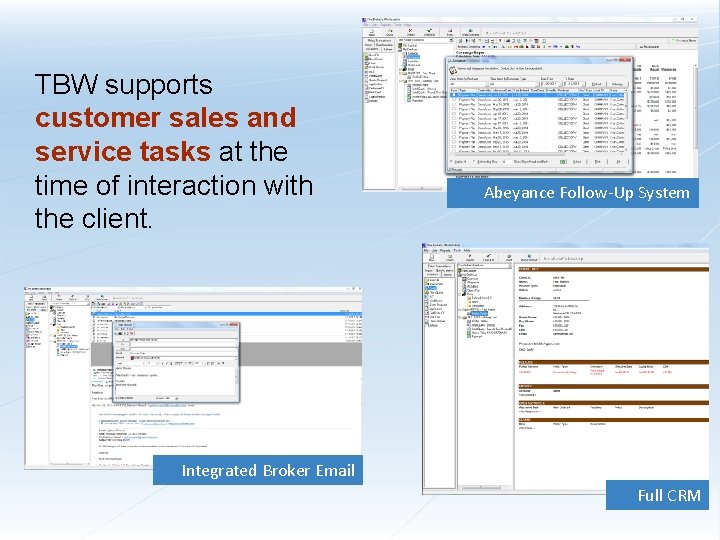 TBW supports customer sales and service tasks at the time of interaction with the