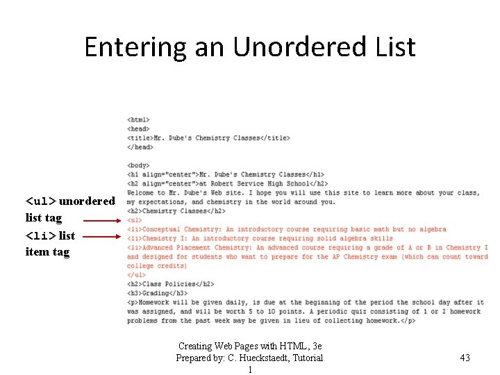 Entering an Unordered List <ul> unordered list tag <li> list item tag Creating Web