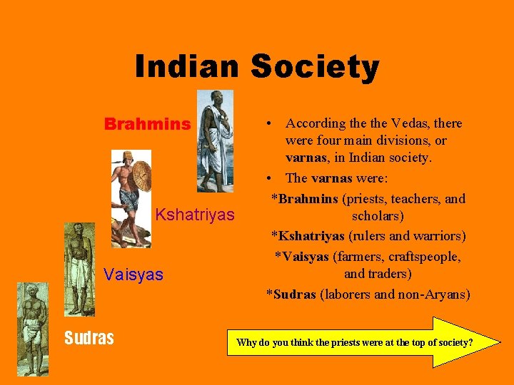 Indian Society Brahmins Kshatriyas Vaisyas Sudras • According the Vedas, there were four main