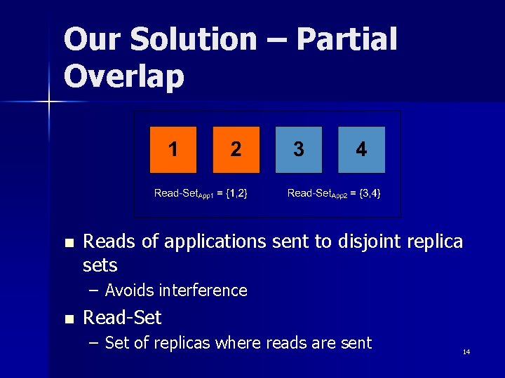 Our Solution – Partial Overlap n Reads of applications sent to disjoint replica sets