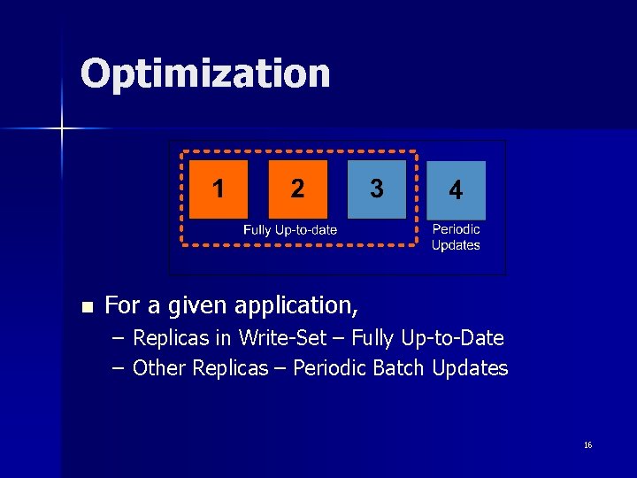 Optimization n For a given application, – Replicas in Write-Set – Fully Up-to-Date –